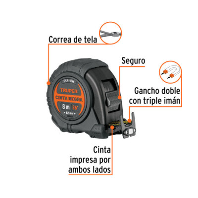 Flexómetro Contra Impacto 8m Truper Cinta Negra 25mm Imán (FCN-8M)