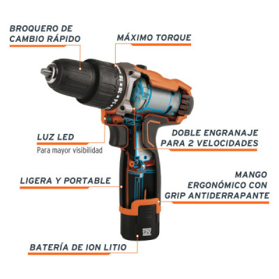 Taladro Percutor Inalámbrico 3/8'' 12v Truper Pro 2 Baterías (12793)