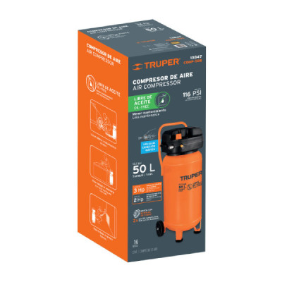 Compresor De Aire 3hp 50l Truper 116 Psi Libre De Aceite (COMP-50S)