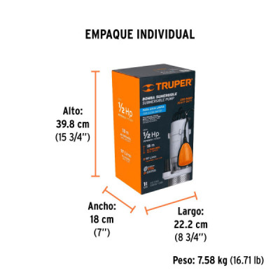 Bomba Sumergible 1/2hp 97l/m Agua Limpia Truper Altura 18m (BOS-1/2LPX)