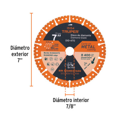 Disco Diamante Corte Metal 7'' 10x Truper Centro 7/8'' (DID-470)