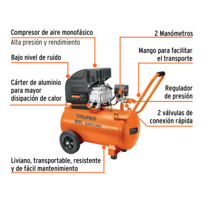 Compresor De Aire 3.1/2hp 50l Truper Con Manguera Y Pistola (COMP-KIT50)