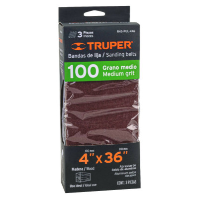 Set 3 Lijas De Banda Madera 4'' X 36'' Truper Tela Grano 100 (R45-PUL-4X6)