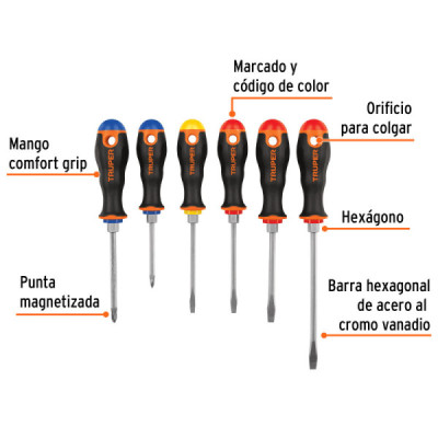 Juego 6 Destornilladores Mixtos Truper Barra Hexagonal Llave (DTJ-6B)