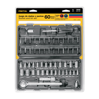 Juego 60 Copas Dados Y Ratchet 1/4'' 3/8'' Mecánico Pretul (JUDA-60P)