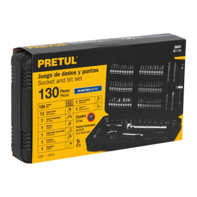 Juego 130 Copas Dados Puntas 1/4'' Mecánico Pretul Estuche (SET-130)