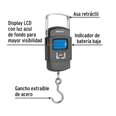 Báscula Electrónica Colgante 50 Kg Lcd Pretul Gancho Acero (BASE-50CP)