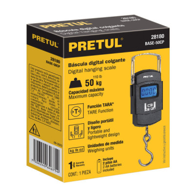 Báscula Electrónica Colgante 50 Kg Lcd Pretul Gancho Acero (BASE-50CP)