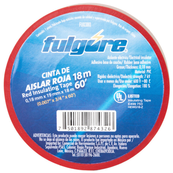 Cinta De Aislar Roja 18 Metros Fulgore 19 Mm X 0.18 Mm (FU0380)