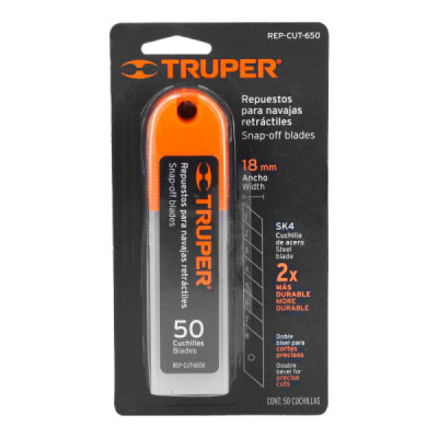 50 Cuchillas Para Bisturí De 18 Mm En Acero Sk4 Con Estuche Truper (REP-CUT-650)