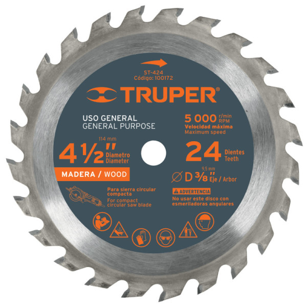 Disco Sierra Madera De 4.1/2", Centro 3/8", 24 Dientes Truper (ST-424)