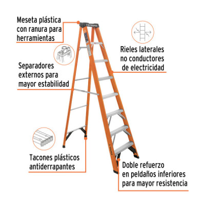 Escalera Tipo Tijera 7 Peldaños, Tipo 2 En Fibra De Vidrio Truper (EST-27FV)