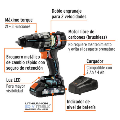Taladro Percutor Inalámbrico De 1/2", 20 V Y Torque 39 Nm Truper (MAX-20R)