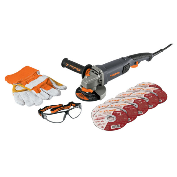 Combo De Pulidora 4.1/2", 950 W, 11 Discos, Guantes Y Gafas Truper (COMBOE-4590N)