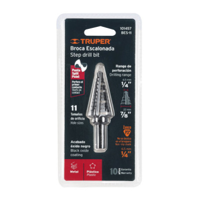 Broca Escalonada 1/4" A 7/8" De 11 Escalones Óxido Negro Truper (BES-11)