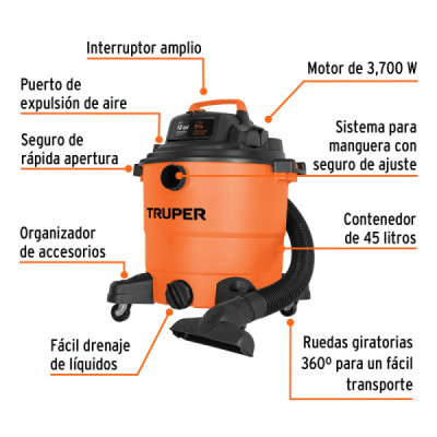 Aspiradora Sopladora 3700 W 45 L Truper Sólidos Y Líquidos (ASP-12)
