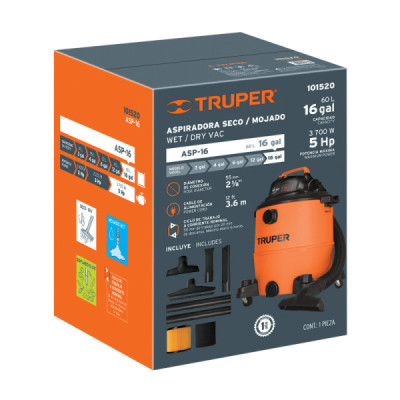 Aspiradora Sopladora 3700 W 60 L Truper Sólidos Y Líquidos (ASP-16)