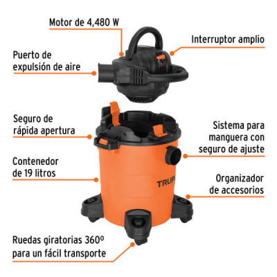 Aspiradora Sopladora 4480 W 19 L Truper Sólidos Y Líquidos (ASP-5S)