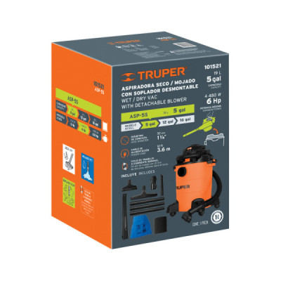 Aspiradora Sopladora 4480 W 19 L Truper Sólidos Y Líquidos (ASP-5S)