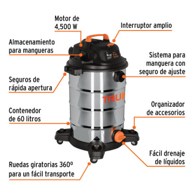 Aspiradora Sopladora 4500 W 60 L Truper Acero Inoxidable (ASP-16X)