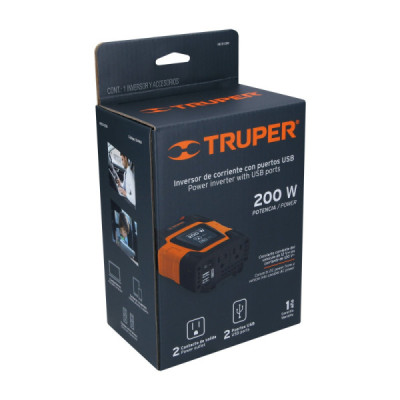 Inversor De Corriente 200 W Para Carro, Con Usb Y 2 Enchufes Truper (INCO-200)