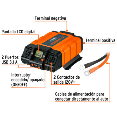 Inversor De Corriente 1500 W Para Carro Con Usb Y 2 Enchufes Truper (INCO-1500)
