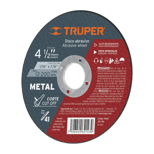 Disco Corte De Metal De 4.1/2", Uso General Truper (ABT-786)