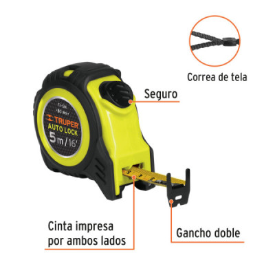 Flexómetro Auto Lock De 5 M Anti-Impacto, Uso Profesional Truper (FA-5M)