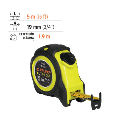 Flexómetro Auto Lock De 5 M Anti-Impacto, Uso Profesional Truper (FA-5M)